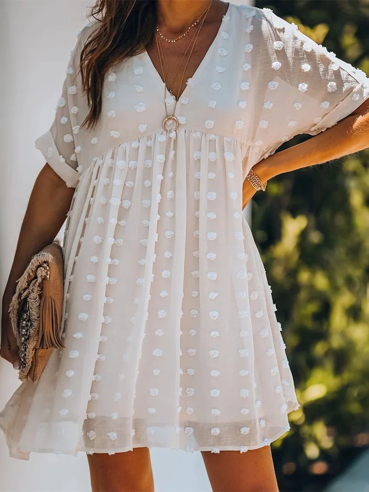

Summer Solid Dresses For Women Fashion V Neck Short Sleeve Elegant Party Ladies Plus Size Boho Casual Mini Chiffon Dress