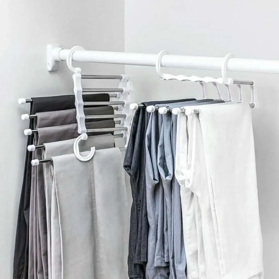 Multi-functional 5 in 1 Pants Hanger Rack Adjustable Stainless Steel Tie Trouser Shelf Clothes Hanger Space Saver