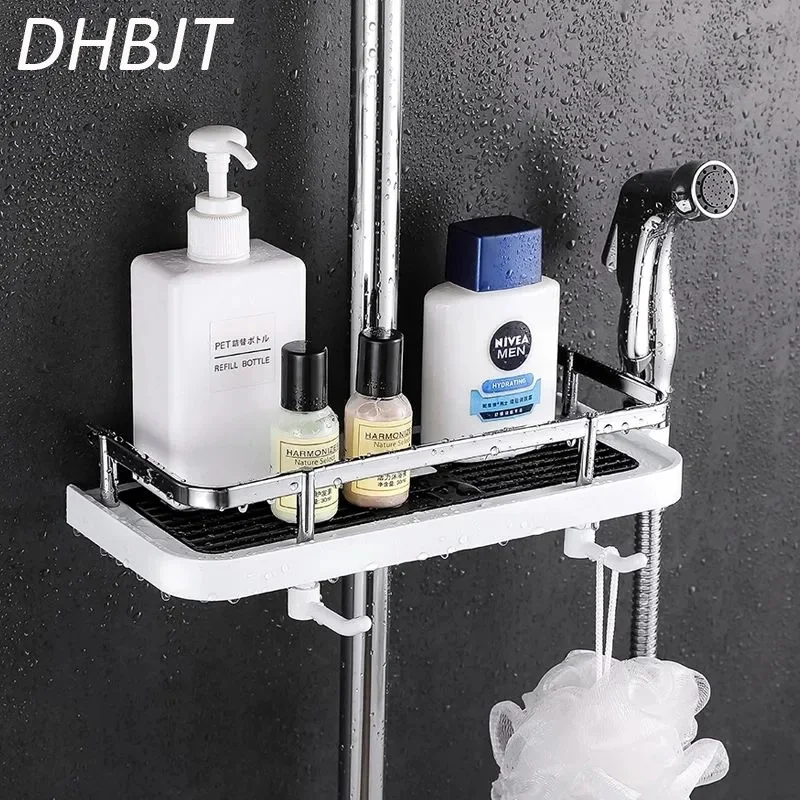 

Bathroom Shower Storage Rack Organizer Pole Shelves Shampoo Tray Stand Tier No Drilling Lifting Rod Shower Head Holder