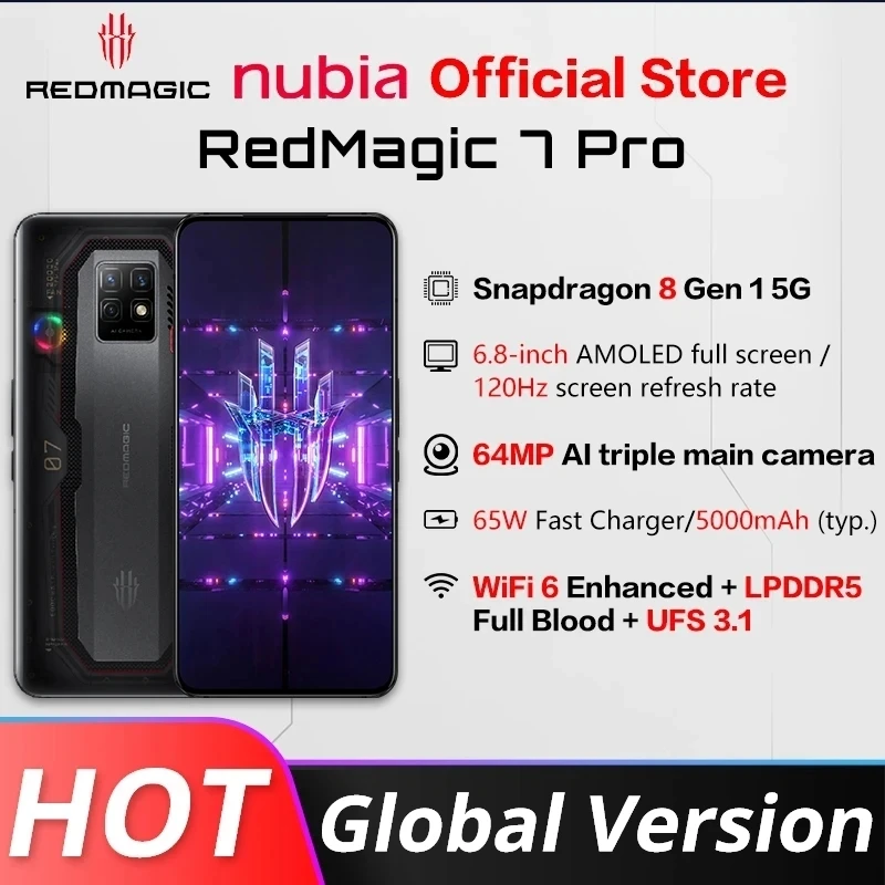 

Nubia RedMagic 7 Pro 5G Gaming Phone Global Version 6.8 inch 120Hz AMOLED Snapdragon 8 Gen 1 Octa Core 64MP Triple Camera NFC