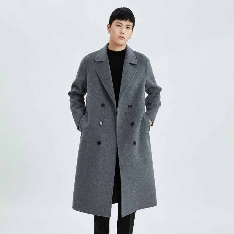 

Осенне-зимнее длинное двустороннее кашемировое пальто выше колена, мужской двубортный костюм в Корейском стиле, свободное шерстяное пальто