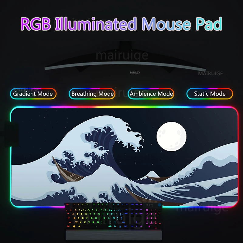 

Коврик для мыши Ukiyo-e гигантские волны RGB со светодиодной подсветкой, аксессуары для японских игр, настольные коврики, большой коврик для клавиатуры и мыши, геймеры с подсветкой, коврик для мыши