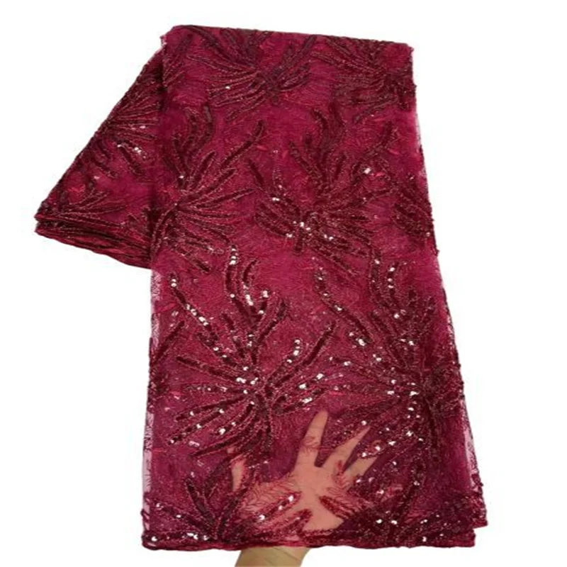 

Красная сетчатая вышивка с блестками 5 ярдов, африканская кружевная ткань для выпускного вечера, Высококачественная Французская ткань для ...