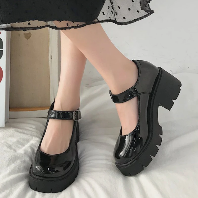 

Rimocy British Chunky Heel Mary Janes Shoes Woman 2022 Thick Platform Buckle Straps Pumps Women Round Toe Patent Leather Shoes