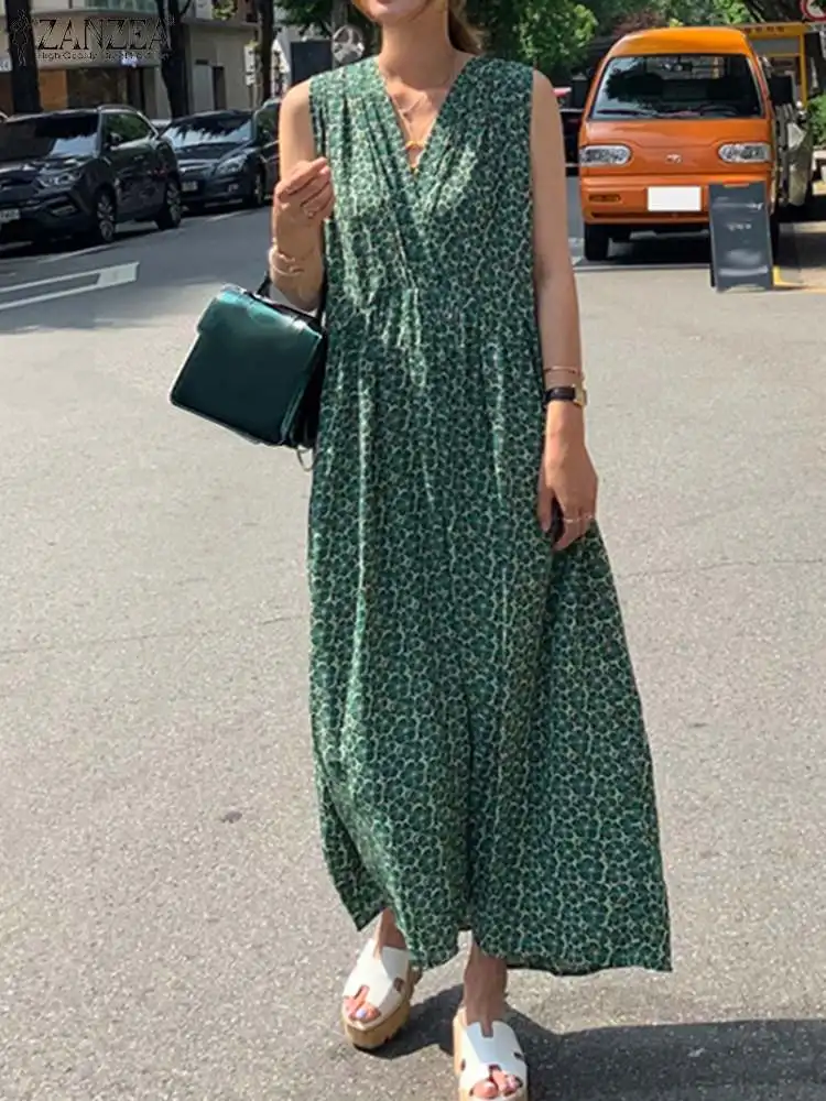 

Женское летнее платье-макси ZANZEA 2023, повседневные богемные платья с принтом, свободный сарафан без рукавов, праздничное платье большого разм...