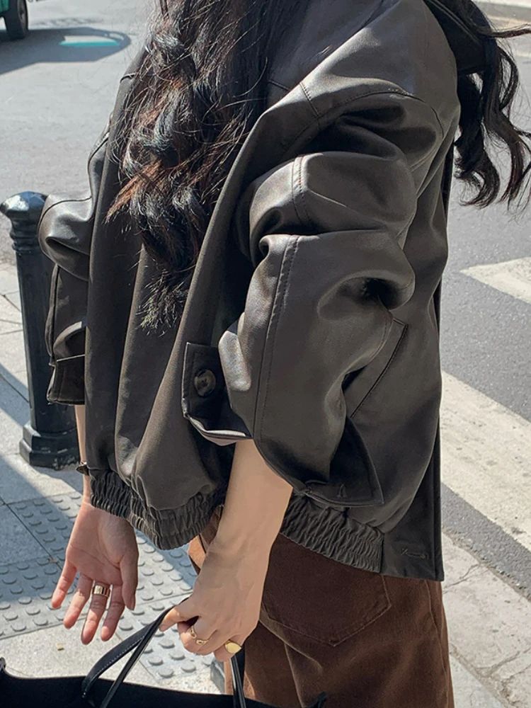 Vintage Korean Leather Jacket Women 2022 Autumn Warm Long Sleeve Loose Biker Coats Female Black Streetwear Chic Jacket Outerwear