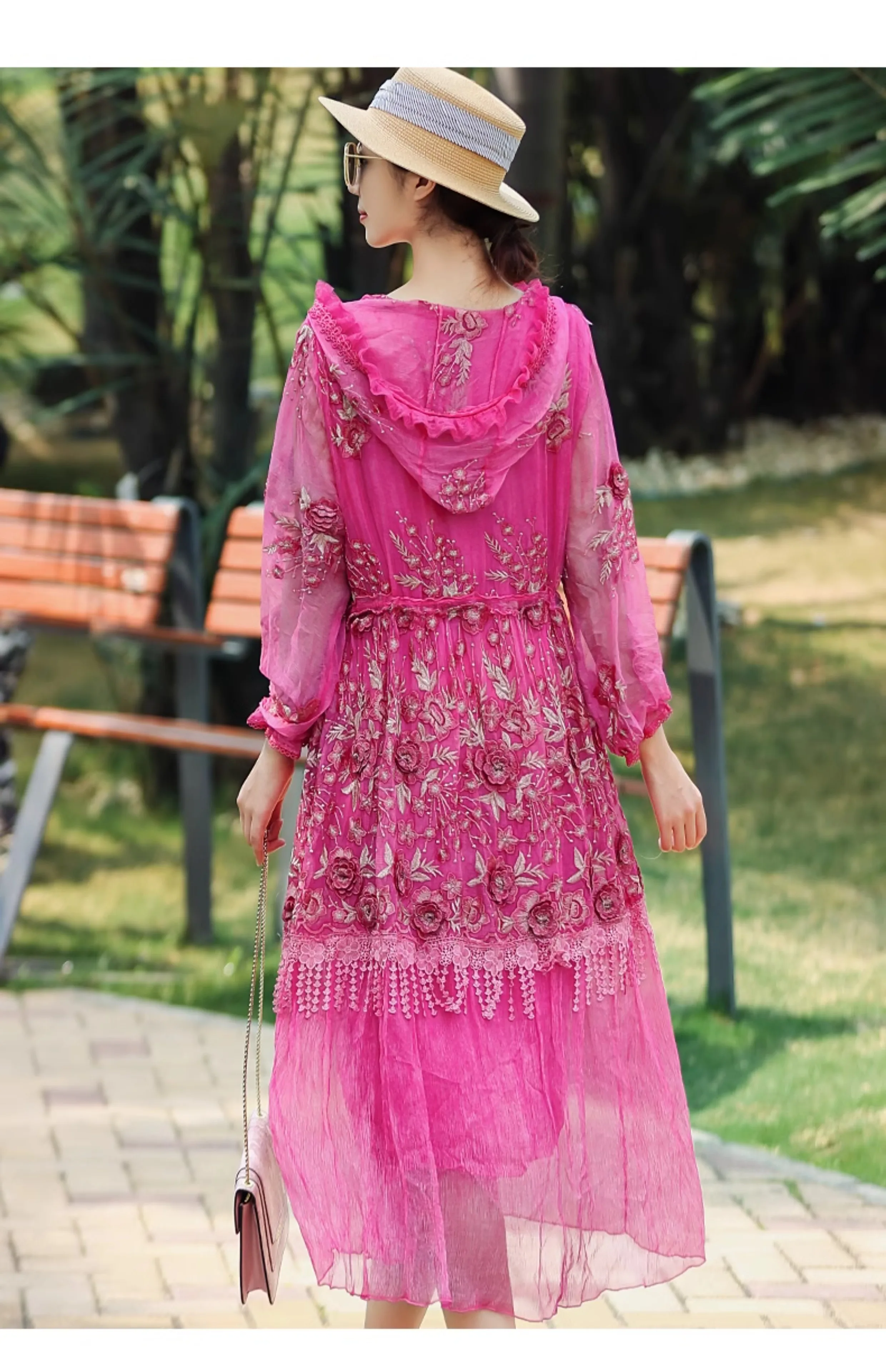 Женское платье с капюшоном Элегантное Шелковое Платье вышивкой и кисточками