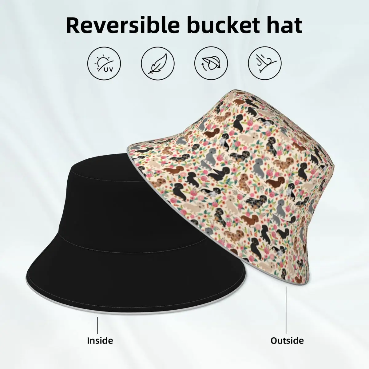 

Dachshund Bucket Hat Floral Dog Print Hawaii Fun Reflective Fisherman Hats Custom Double-sided Wear Sun Hat