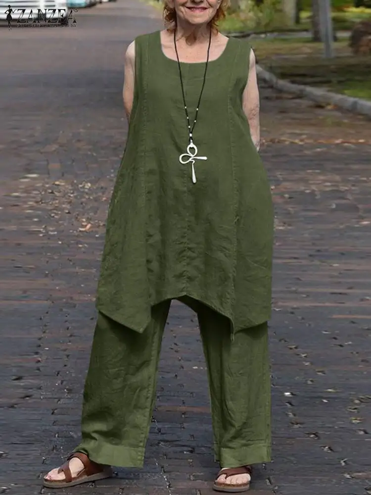 

ZANZEA Vintage Summer Woman Matching Sets Solid Color Sleeveless Blouse And Wide Leg Pants Holiday Elegant Urban Tracksuit 2022