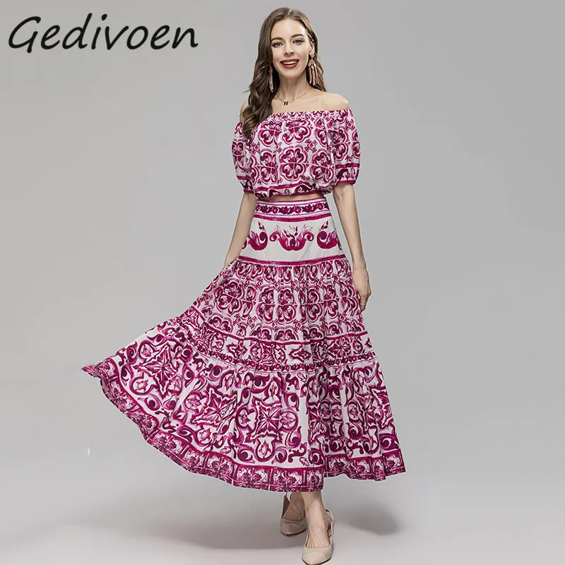 

Женский модельный комплект Gedivoen, винтажный комплект с юбкой с цветочным принтом, эластичный топ с вырезом лодочкой и длинная юбка с рюшами и присборенной талией, лето