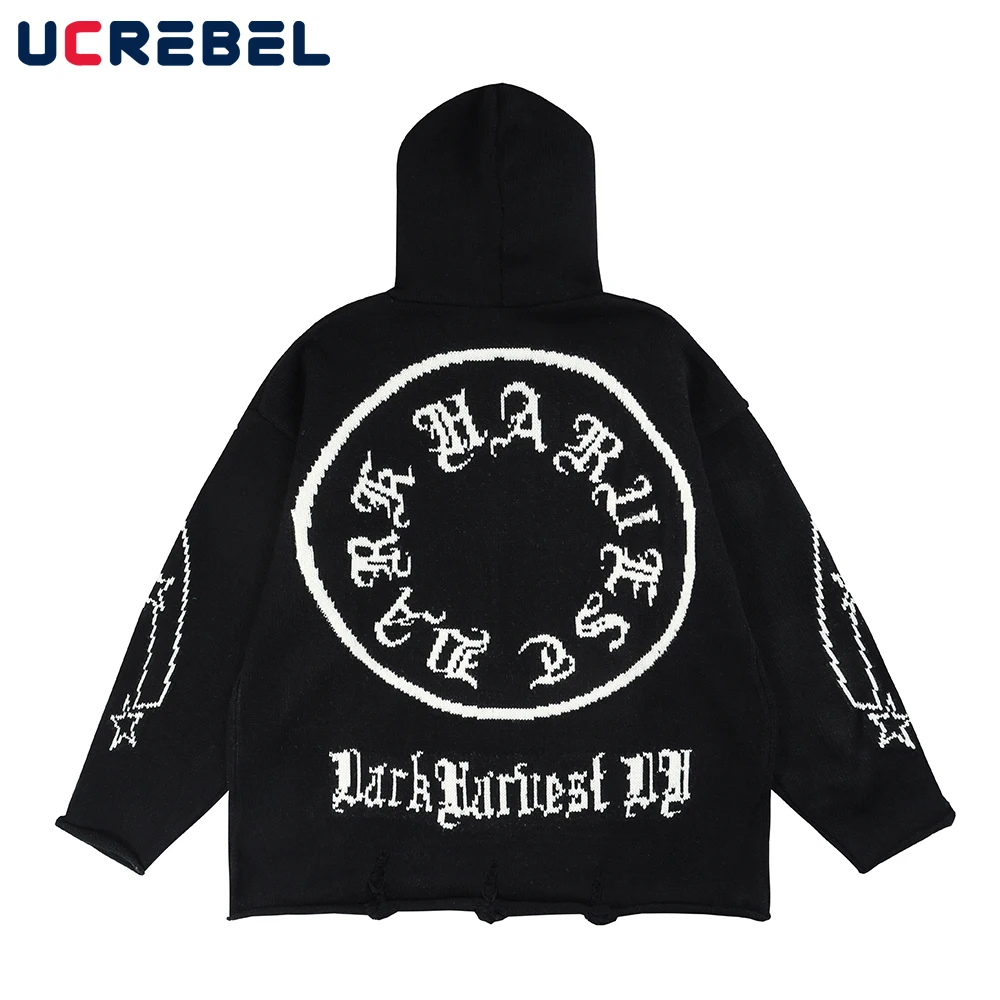 

Hip Hop Jacquard Knitted Sweater Mens Ripped Hole Streetwear Hoodies Autumn Winter Loose Casual Long Sleeve Sweater Men