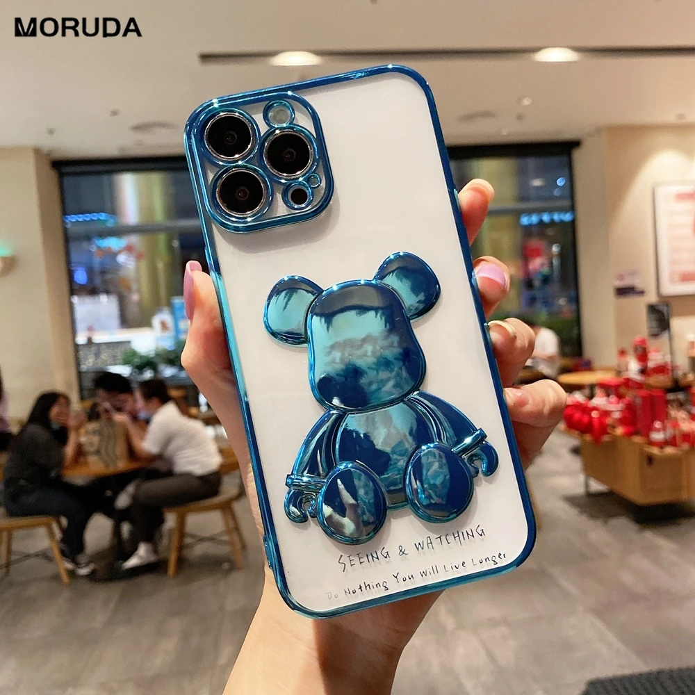 Cute Bear Plating Phone Case for iPhone 13 12 11 Pro Max X Xs Xr 8 7 Plus SE 2020 Transparent Silicone Lens Protection Cover