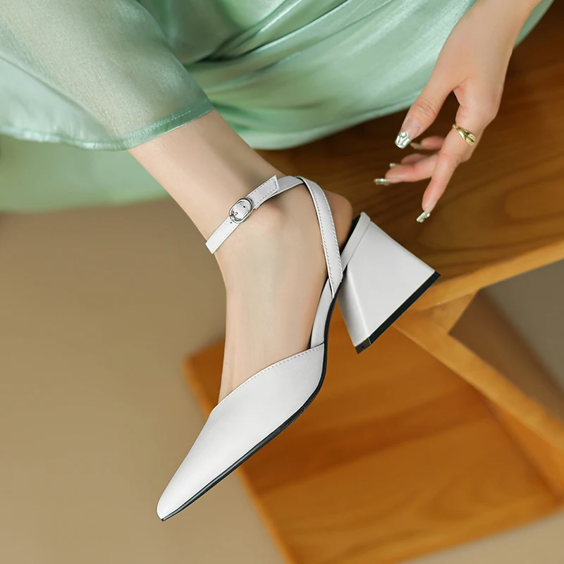 2023 Spring Summer Split Leather Sandals Women's Chunky Pointed Toe Fashion Casual Shoes Ladies Shoes  Luxury Sandals