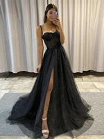 black glitter a line tulle prom dresses spaghetti straps sweetheart bones side slit 3d flowers long evening gowns