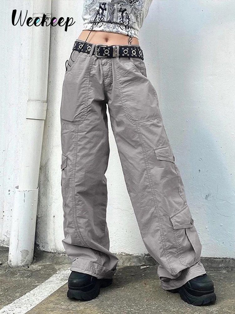 

Weekeep/серые брюки карго с большим карманом, 100% хлопок, 2022, летние модные мешковатые брюки в стиле хип-хоп с низкой посадкой, повседневные брюки...
