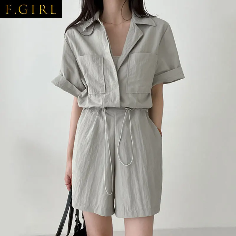 

F GIRLS Summer Playsuits High Waist Loose Casual Wide Leg Pant Lace-up Drawstring Straight Rompers Shorts Jumpsuits Vintage