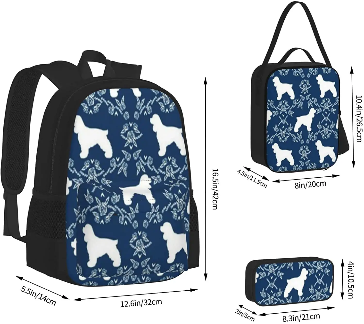 Cocker Spaniel Dog  Silhouette Floral Schoolbag Travel Bag Casual Daypack Lunch Bag Pencil Case for Boys Teens Girls 3pcs Sets