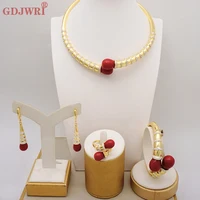 2022 Newest Italian Gold Color Red Beads Necklace Set Ladies Wedding Jewelry Exquisite Bracelet Ring Earrings Banquet Gift