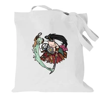 women shopping bag organizer foldable canvas tote bag large capacity samurai pattern shoulder handbag commute shopper bag