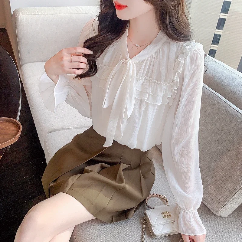 Женская шифоновая блузка с длинным рукавом V-образным вырезом