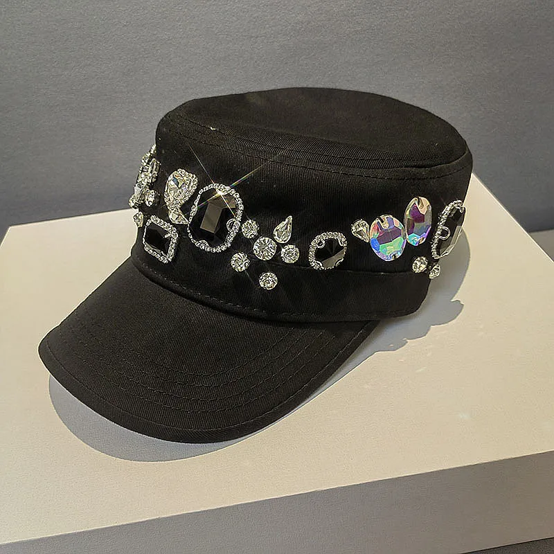 

Korean Fashion Rhinestone Peaked Cap All-Match Black Canvas Flat-Top Cap Casual Baseball Cap Same Style Hat
