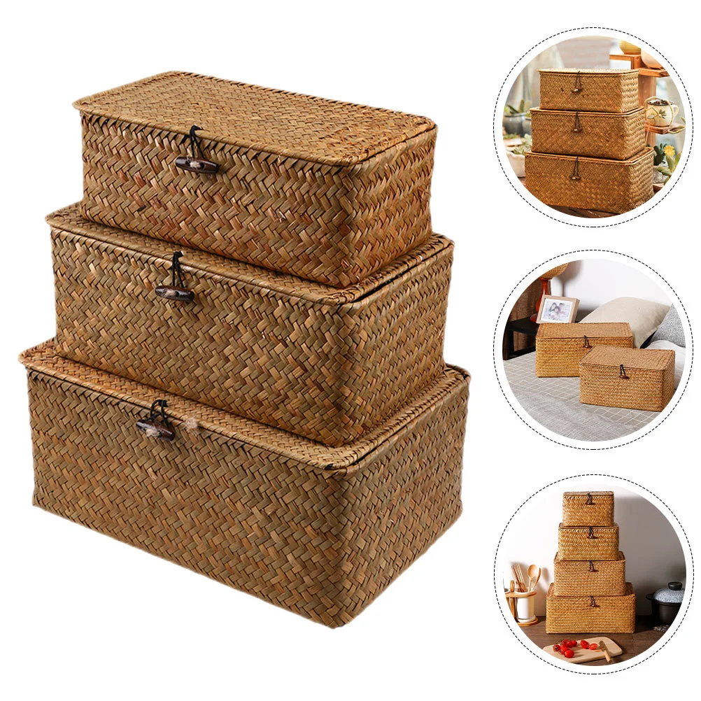 

3 Pcs Shelf Decor Woven Storage Basket Lid Decorative Rattan Portable Case Lidded Small Seagrass