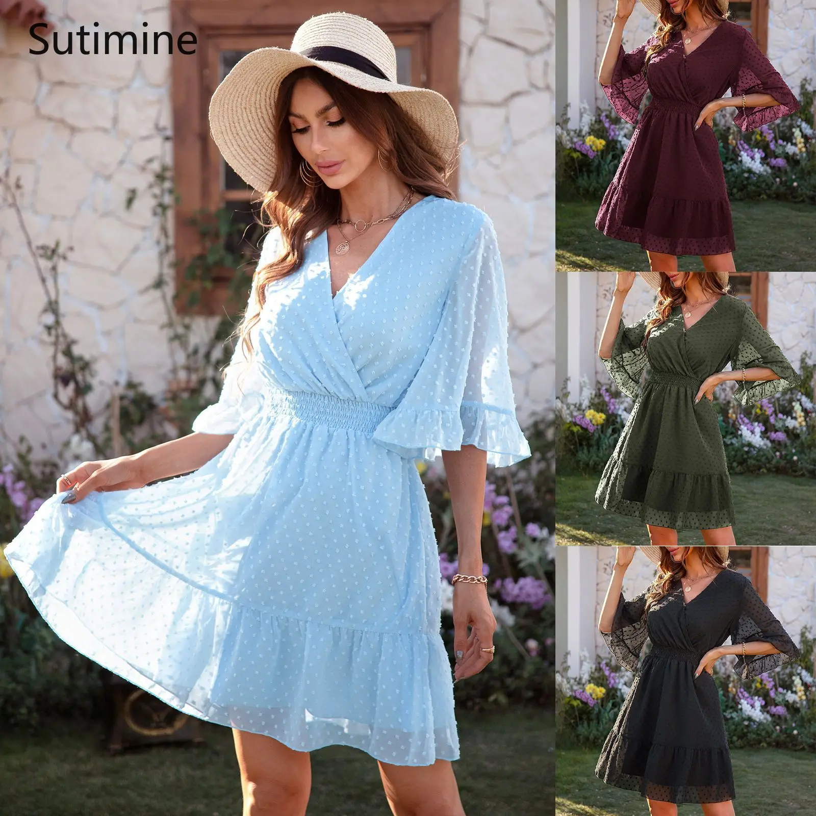 

Popular Women's Summer Splicing Street Style New V-neck Solid Color Polka Dot Chiffon Elastic Waist Dress