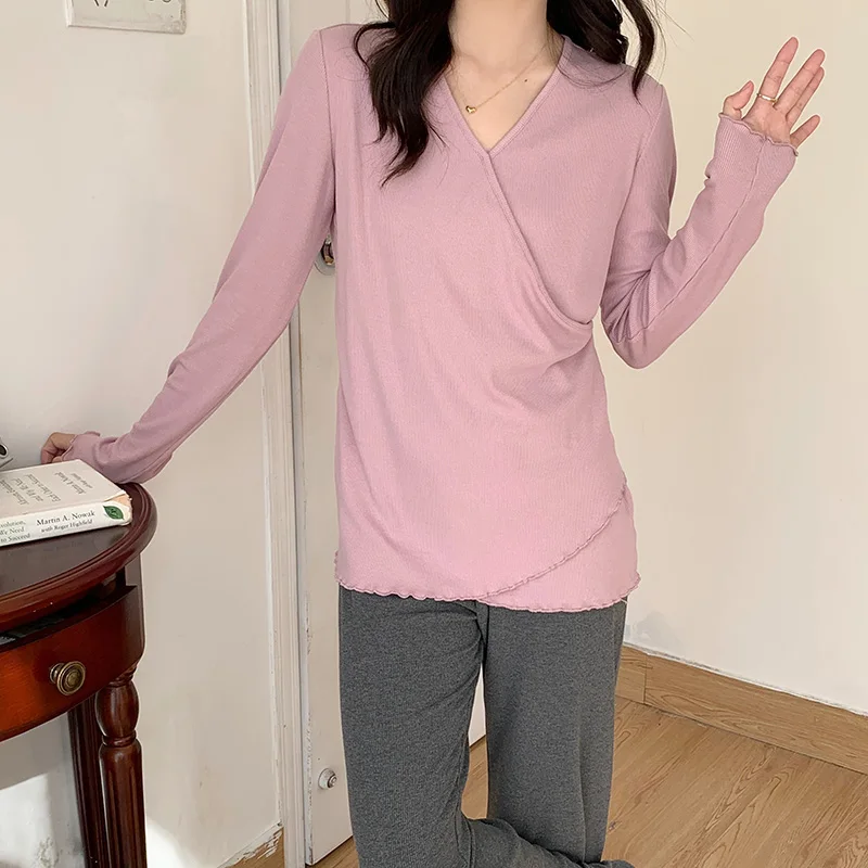 

Spring Summer Soft Thin Modal Maternity Nursing Sleepwear Sets Aross V Breastfeeding Tops Belly Pants Suit Pregnancy Home Lounge