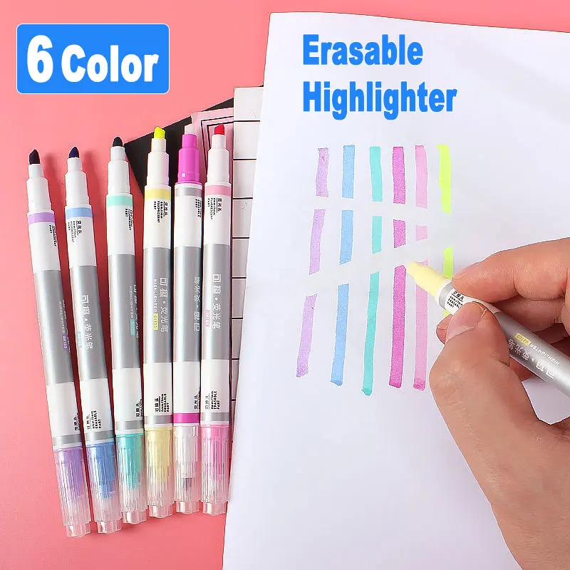 

6Pcs Color Erasable Highlighter Marker Double Head Oblique Tip 1mm -4mm Fluorescent Pen Office School Student Writing Stationery
