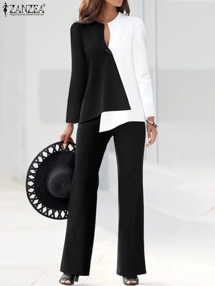 

Women Two Piece Sets ZANZEA Fashion Long Sleeve Patchwork Blouse Pant Sets Spring Urban Tracksuit Outifits Office Work Suits