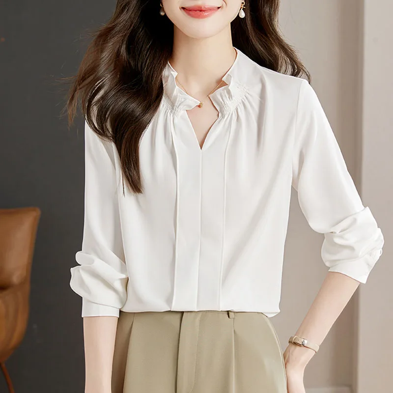 Новая женская блузка с длинным рукавом белая черная шифоновая v-образным вырезом