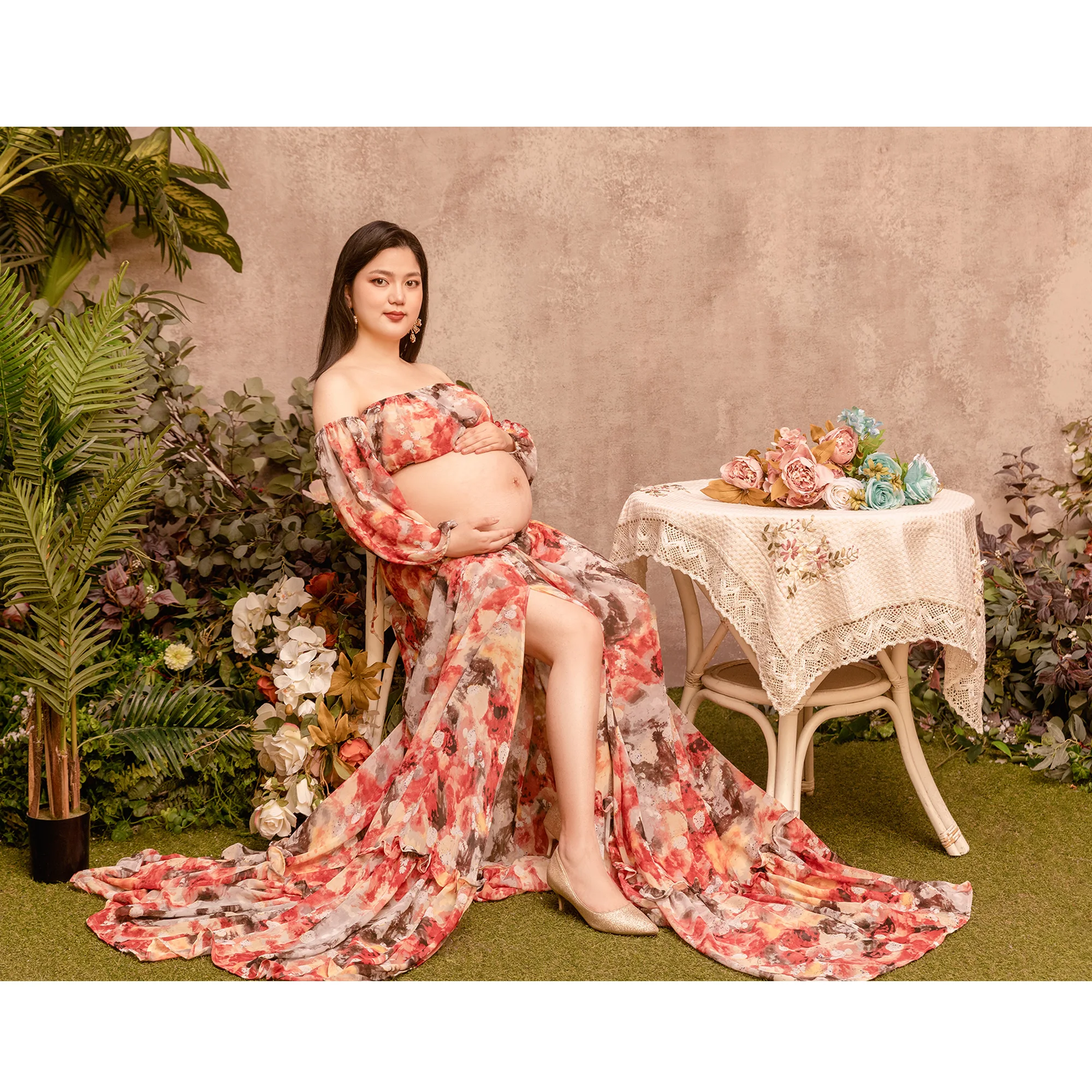 A Suite Photo Shoot Props Maternity Long Dress Sleeves Pregnant Chiffon Floral Gown Maxi Robe for Woman Photography Accessories