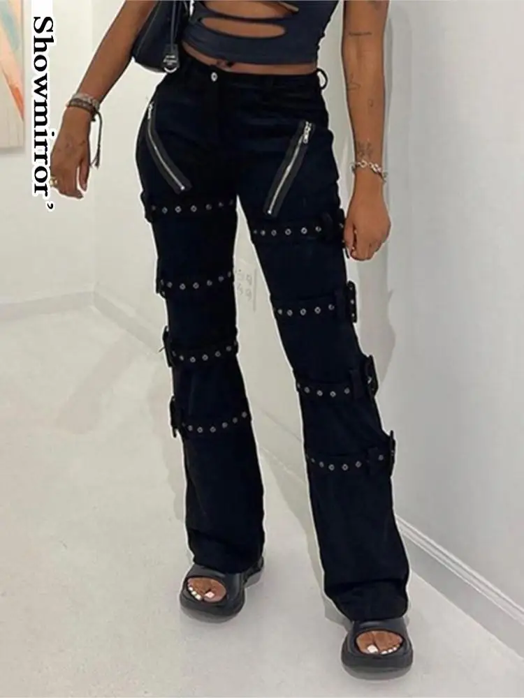 

Уличные брюки в стиле панк, черные брюки, женский стиль, прямые брюки в стиле пэчворк с разрезом, джинсы на молнии, длинные брюки