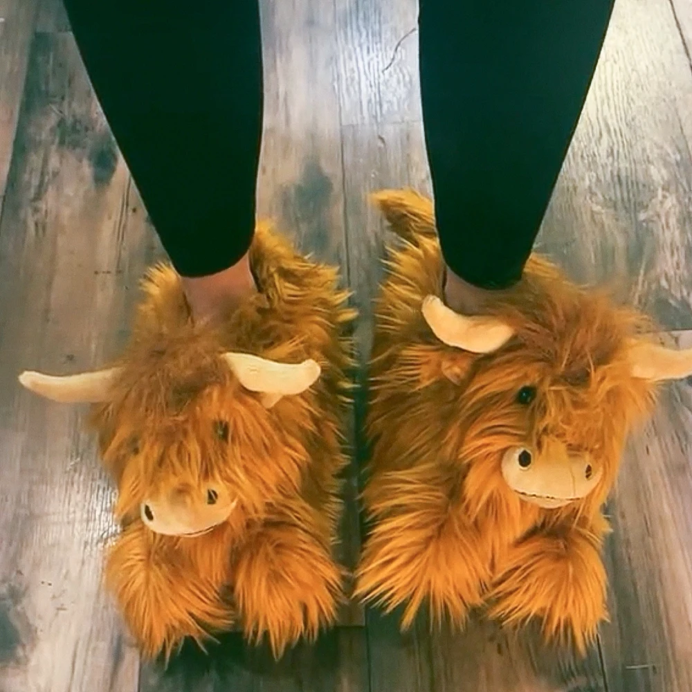 Highland Cattle Slippers Women Scottish Cow Slipper Cartoon Animal Plush Slides Yaks Home Shoes Men Flat Silent Floor Flip Flops