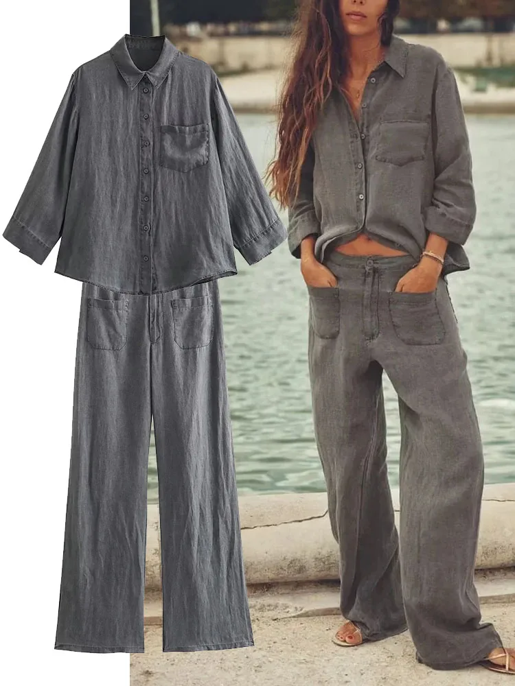 

TRAF 2023 Women Blouse Pants Sets Summer Casual Turn Down Collar Single-Breasted Long Sleeve Top+Long Pant Female Set