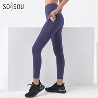 soisou new leggings tights women sport pants pocket yoga gym elastic fitness leggings for women trousers pantalones de mujer