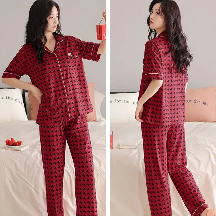 Yasuk Spring Summer Women's Men's Casual Soft Sleepwear Couple Pajamas With Pants Cotton Pullover Thousand Birds Plaid BigSize