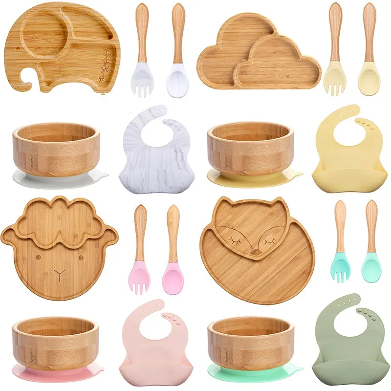 Wooden Baby Feeding Tableware with Suction Cup Kids Solid Food Bamboo Plate Dishes Feeding Tableware Sets  - buy with discount