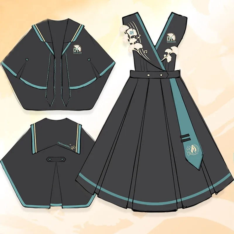 

IN STOCK Anime Vocaloid Miku Cloak Cosplay Costume JK Uniform Long Pleated Dress Suit Set Outfit Women Sleeveless Pinafore Dress