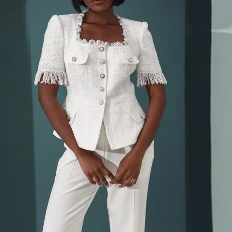 

Fashion Square Collar Button Blouse and Straight Pant Set Elegant Tassel Blazer Outfits Women Casual Short Sleeve Solid 2Pc Suit