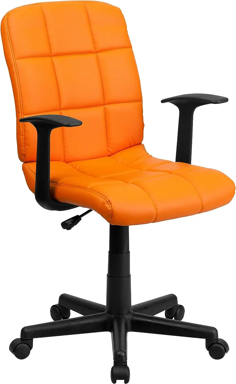 

Оранжевое стеганое виниловое поворотное офисное кресло со средней спинкой и подлокотниками