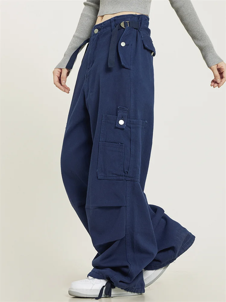 

Винтажные темно-синие брюки-карго QWEEK Y2K, женские ретро брюки в стиле Харадзюку, бежевые брюки с широкими штанинами, уличная одежда в стиле оверсайз, корейские мешковатые брюки