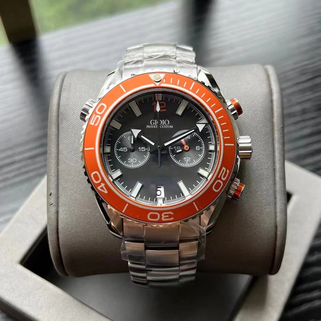 

Luxury Men's Quartz Chronograph VK63 Movement Watch Stainless Steel Orange Ceramic Bezel Black White Rubber Canvas Wristwatch