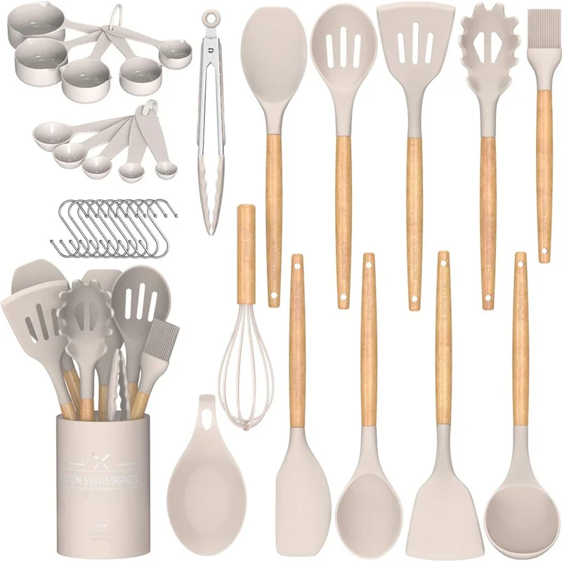 

Kitchen Cooking Utensil Set 34 Pieces Non-Stick Silicone Cooking Kitchen Utensils Spatula Set Wooden Handle Kitchen Tool Set