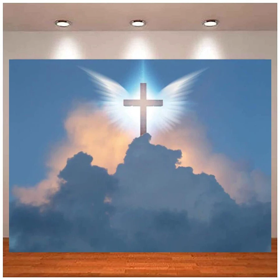 

Photography Backdrop Jesus Cross Sunshine Angel Wings Clouds Background Easter Glowing Holy Light For Christmas Banner Newborn