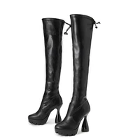 knight boots women shoes pu black round toe thick sole wine glass heel over the knee fashion party outdoor street boots kc024