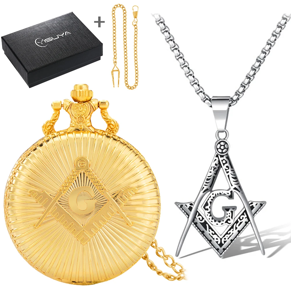 Luxurious Golden Masonic Pocket Watch Set Man's Quartz Pocket Clock Fashion Necklace Perfect Gifts with Box for Boyfriend Father