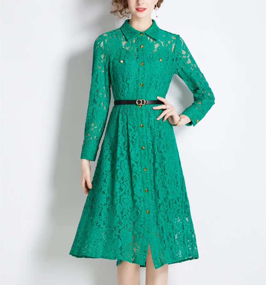 

Женское кружевное платье-рубашка средней длины, элегантное зеленое однобортное ажурное офисное платье с отложным воротником и поясом, осен...
