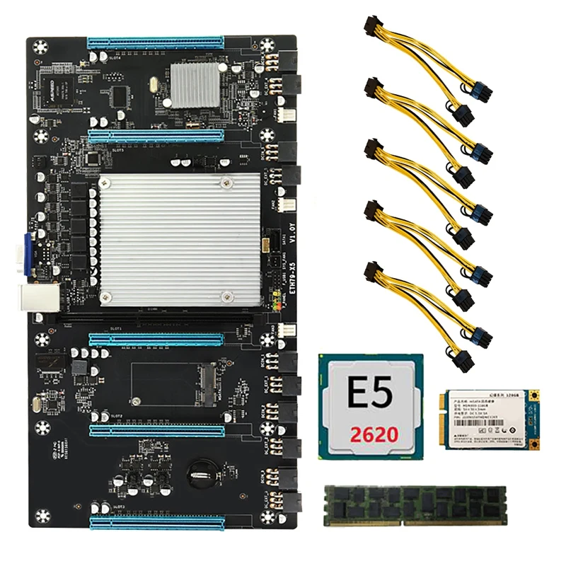 

ETH79-X5 BTC Mining Motherboard With E5 2620 CPU+8G DDR3 RAM+128G SSD+5Xpower Cable H61 LGA2011 V1/V2 65Mm 5 GPU PCIE16X