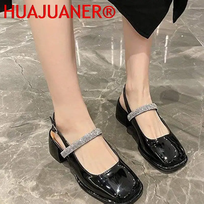 

Mary Jane Small Leather Shoes Women's Sandals 2022 Summer Rhinestone Buckle Strap Patent Leather Elegant Thick Heel Casual Shoes